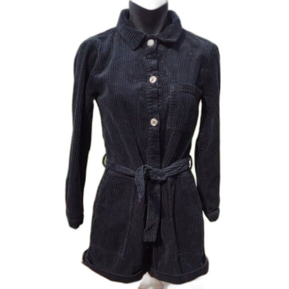 Zara Black Corduroy Long Sleeve Collared Romper with Belt Size 13-14 - Picture 1 of 11